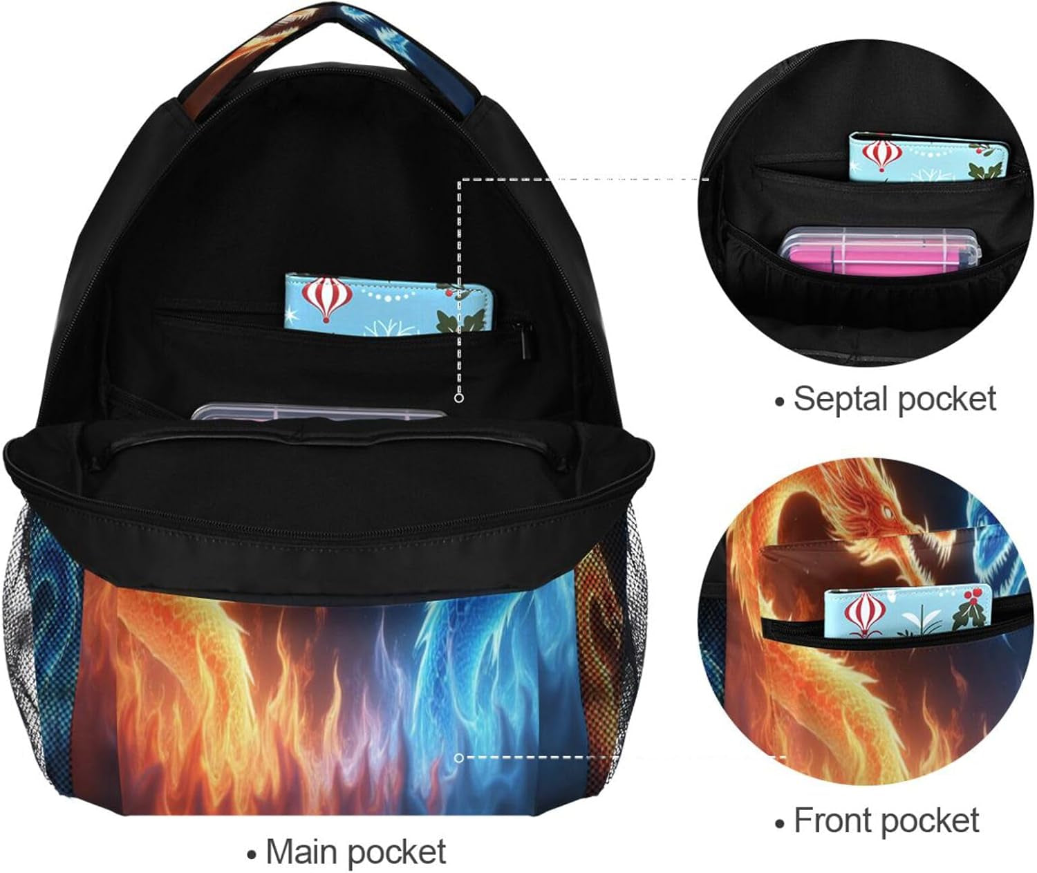 Red Blue Fire Dragon School Backpack Galaxy Teens Girls Boys Kids Bookbag,  Animal Water Resistant Elementary Travel Computer Daypack for Age 4-12 Years